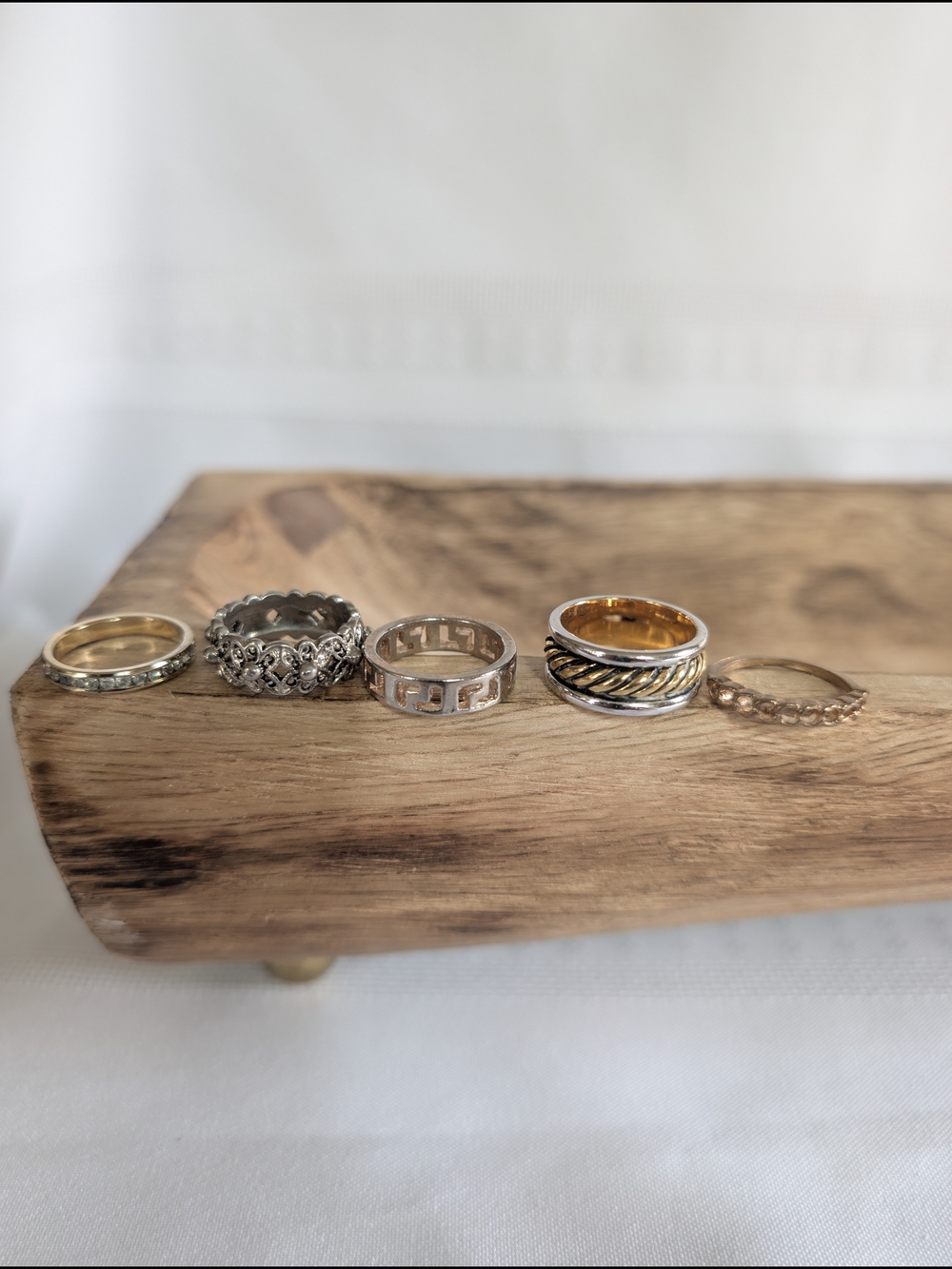 Lot Of Five Stacker Band Rings Mixed Tones, Rope, Texture, Cutouts, Greek Key